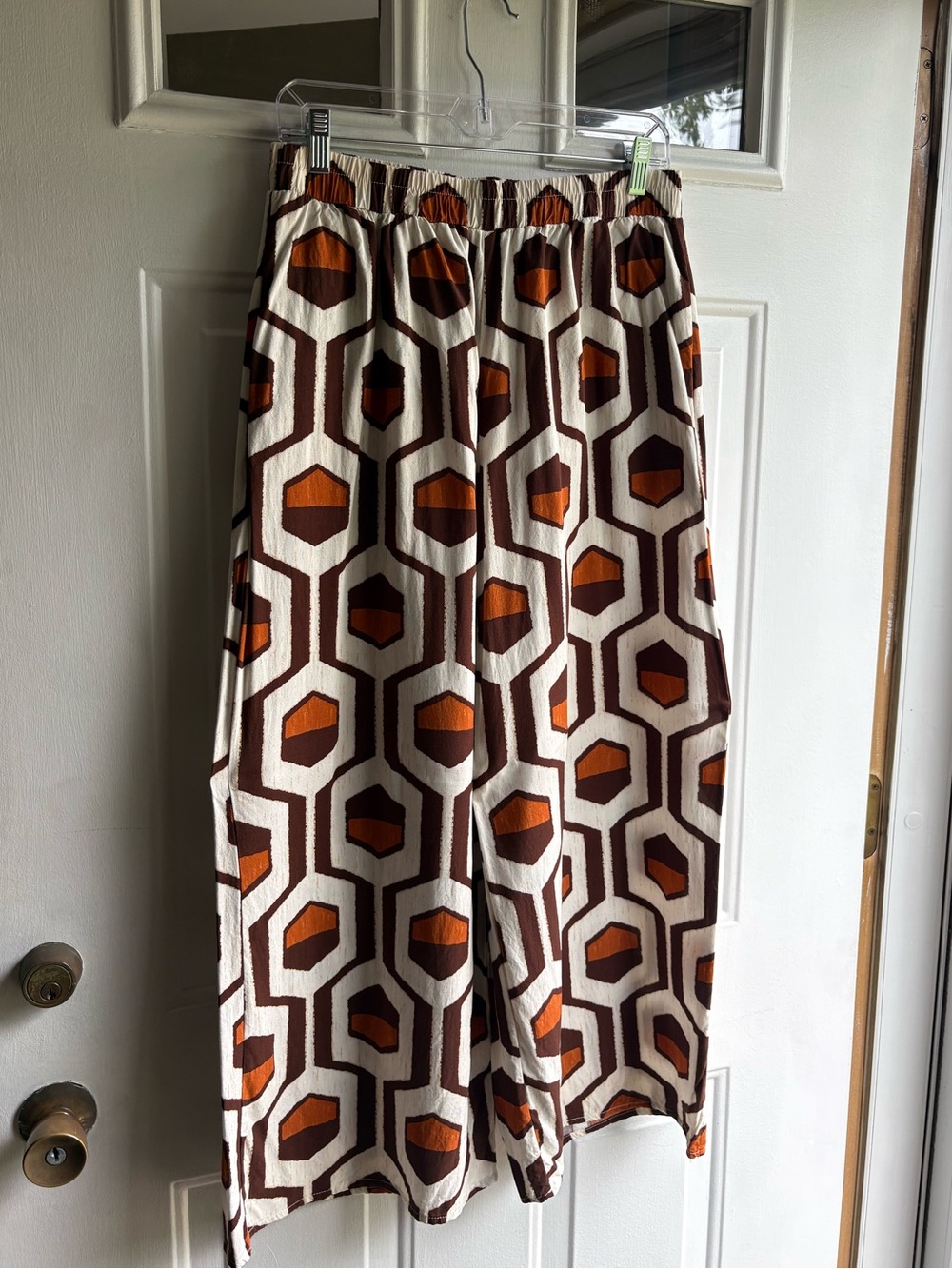 Halogen Geometric Print Wide Leg Pants 100% Rayon Ivory Rust Orange Brown Size S